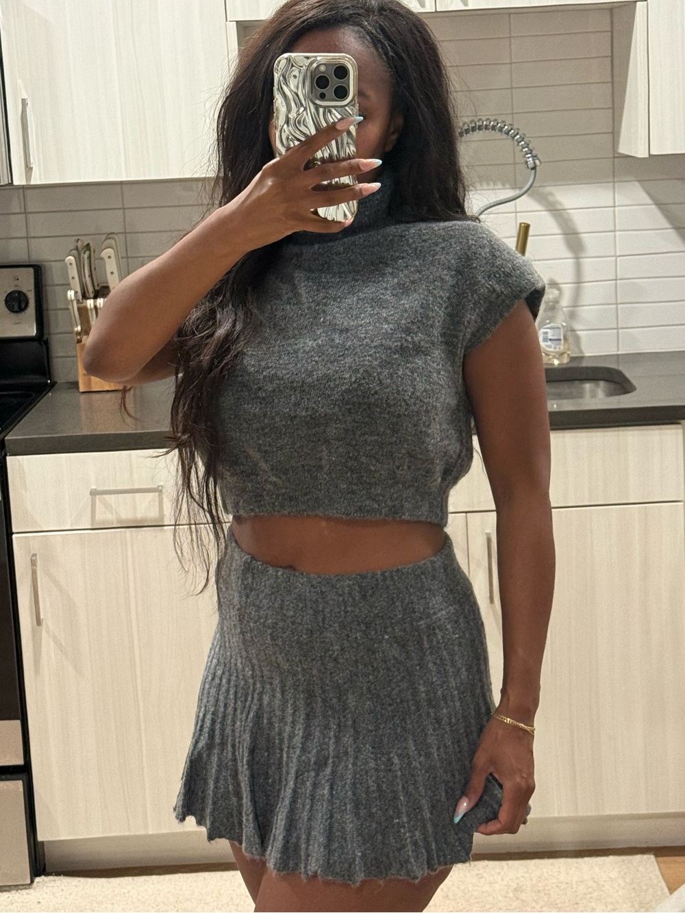 REVOLVE Gray knit Crop Top & Pleated Mini Skirt Set - Picture 3 of 3
